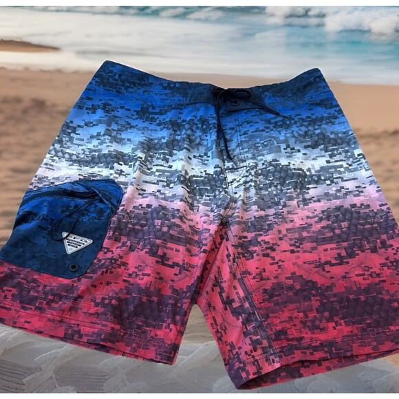 Columbia PFG Board Shorts 36 Swim Trunks Digital Camo Print Red White Blue USA - Picture 7 of 13